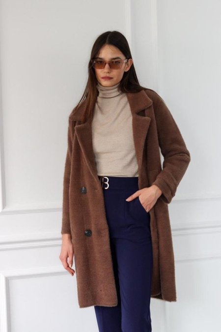 كشمير طويل بني/ازرق